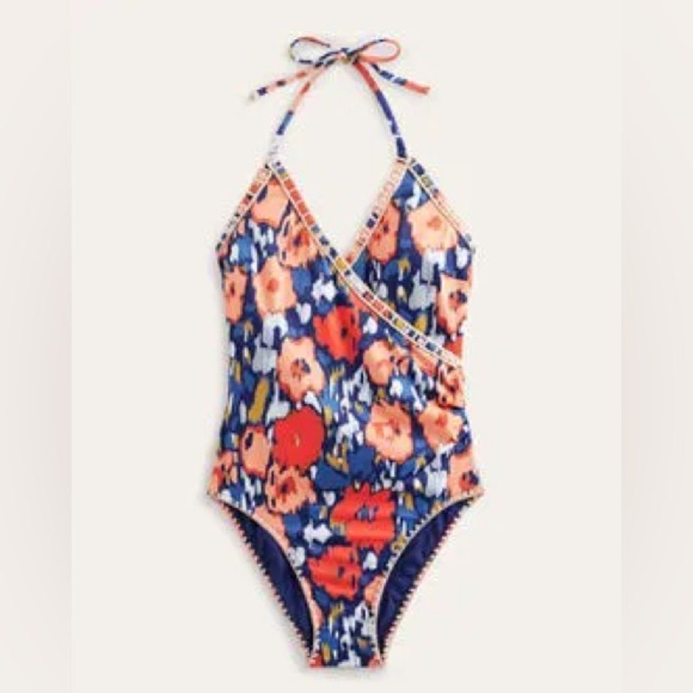 Boden | Crochet Trim Wrap One Piece Swimsuit Navy, Abstract Poppy |  14